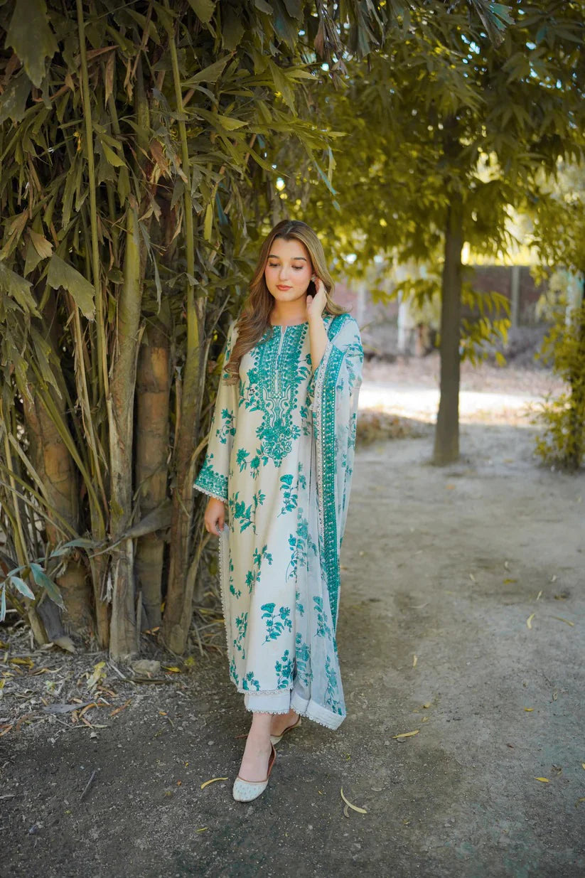 Aneelas Lawn Embroidered & Printed 3 Piece Dress