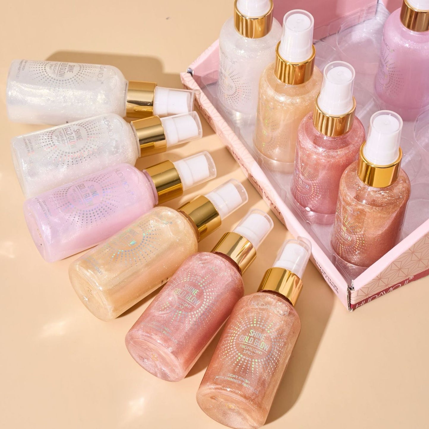 HUDA MOJI Shine Gold Glow Highlight Spray – Dewy Shimmer Makeup Glow Mist