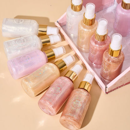 HUDA MOJI Shine Gold Glow Highlight Spray – Dewy Shimmer Makeup Glow Mist
