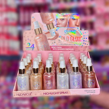 HUDA MOJI Shine Gold Glow Highlight Spray – Dewy Shimmer Makeup Glow Mist