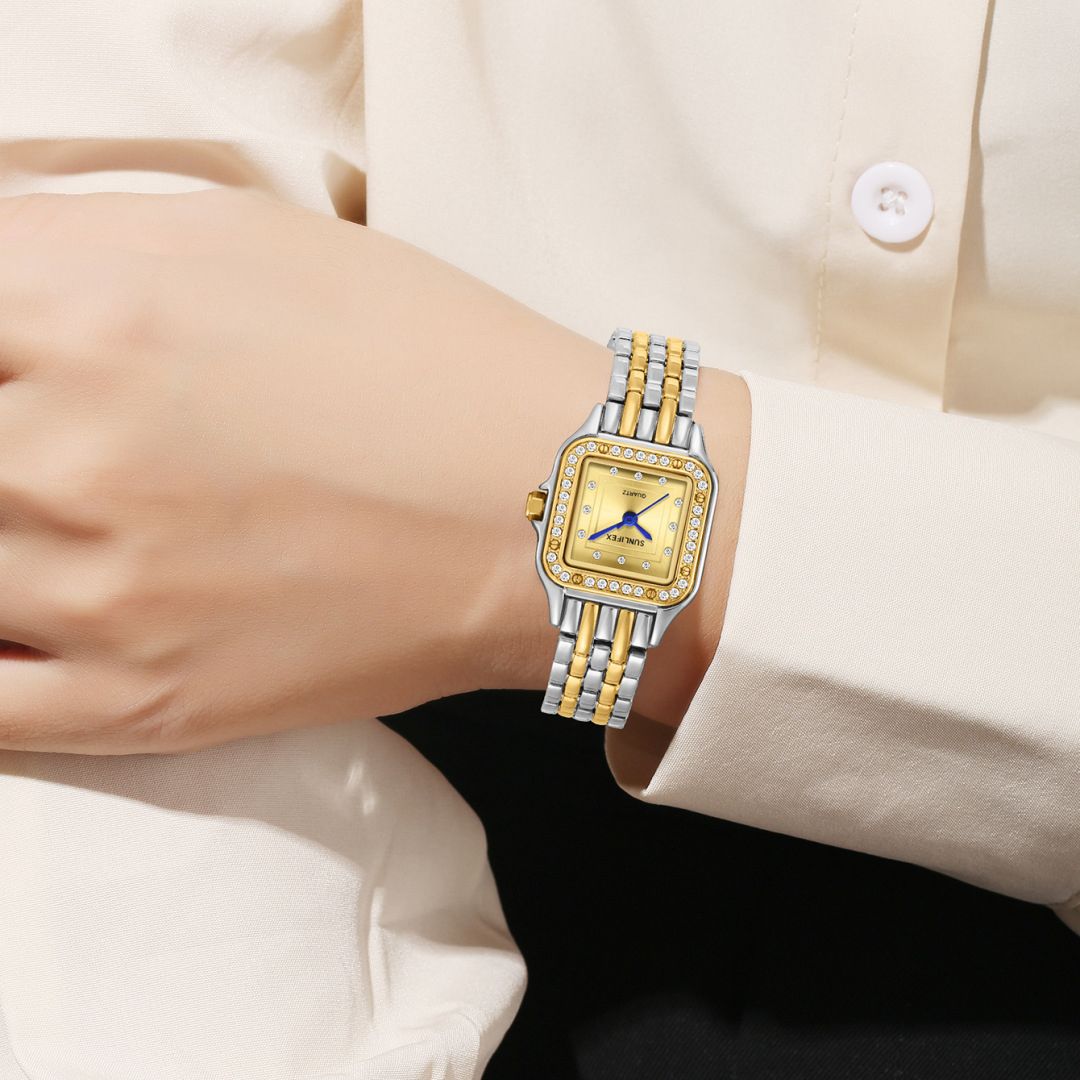 Sunlifex Luxury Two-Tone Crystal Embellished Quartz Watch for Women