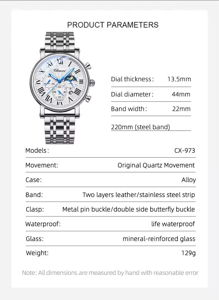CHENXI Original Moonphase Chronograph Watch – Timeless Elegance, Precision & Premium Craftsmanship