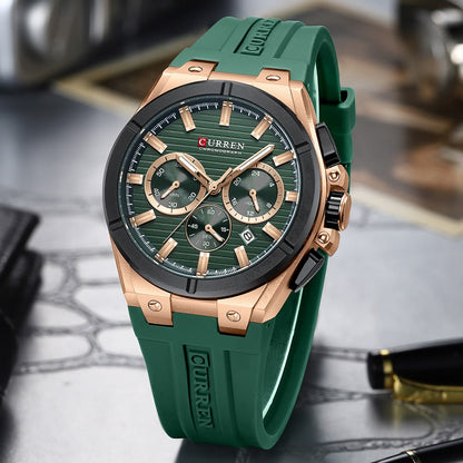 CURREN Luxury Men’s Chronograph Watch – Rose Gold & Grey Silicone Sport Wristwatch