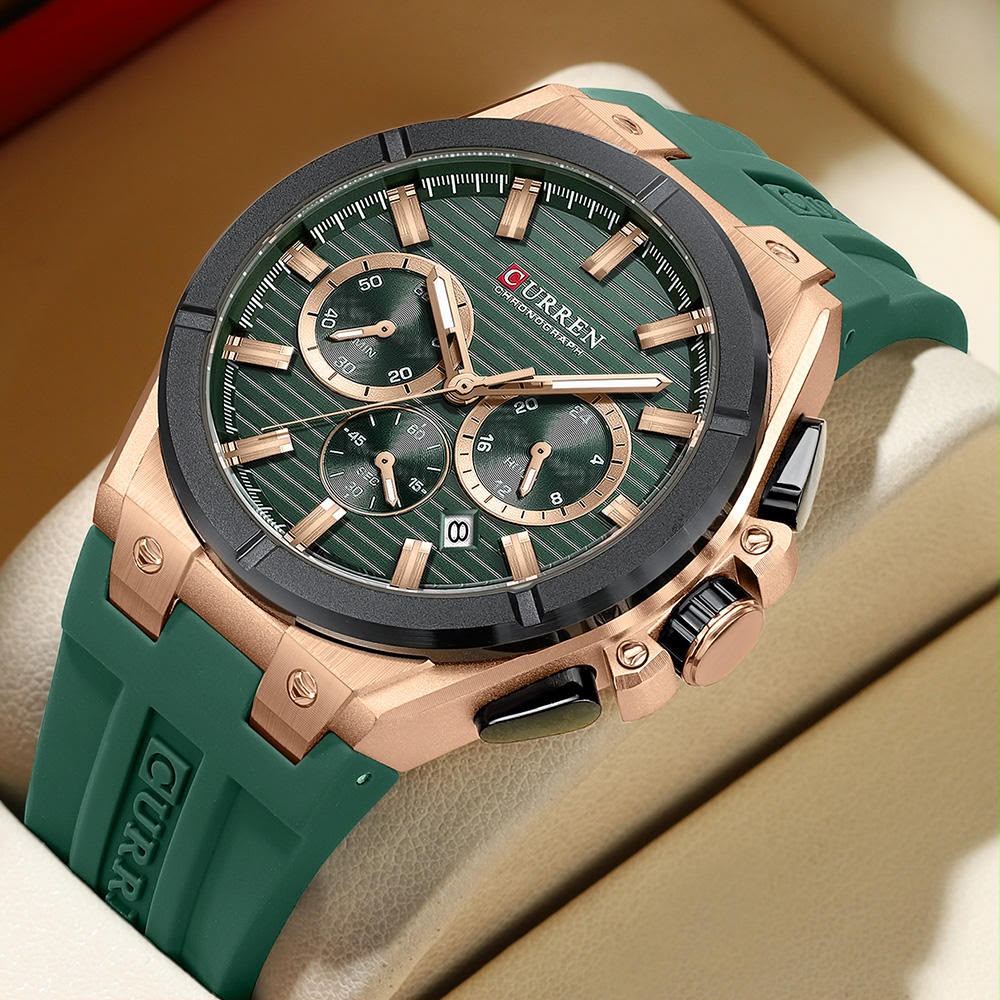 CURREN Luxury Men’s Chronograph Watch – Rose Gold & Grey Silicone Sport Wristwatch