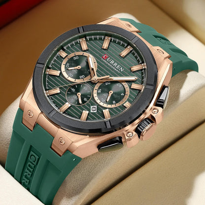 CURREN Luxury Men’s Chronograph Watch – Rose Gold & Grey Silicone Sport Wristwatch