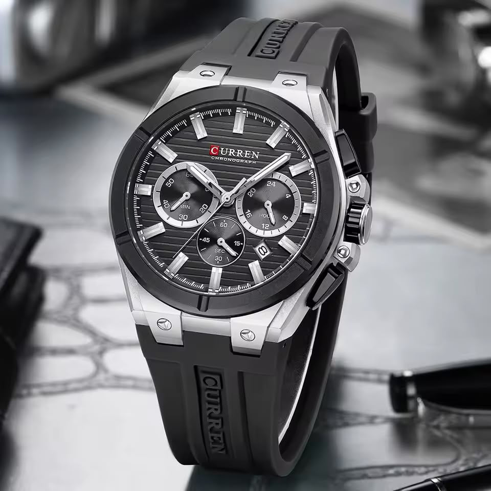 CURREN Luxury Men’s Chronograph Watch – Rose Gold & Grey Silicone Sport Wristwatch