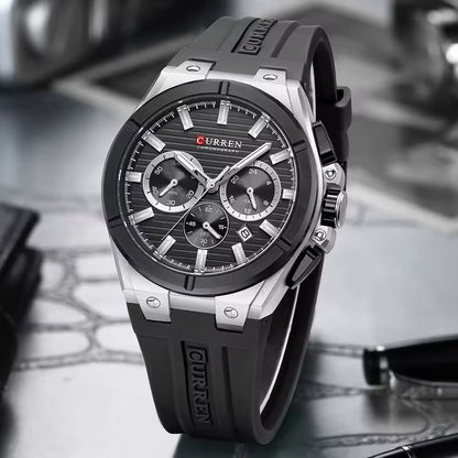 CURREN Luxury Men’s Chronograph Watch – Rose Gold & Grey Silicone Sport Wristwatch