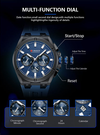 CURREN Luxury Men’s Chronograph Watch – Rose Gold & Grey Silicone Sport Wristwatch