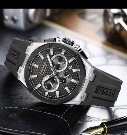 CURREN Luxury Men’s Chronograph Watch – Rose Gold & Grey Silicone Sport Wristwatch