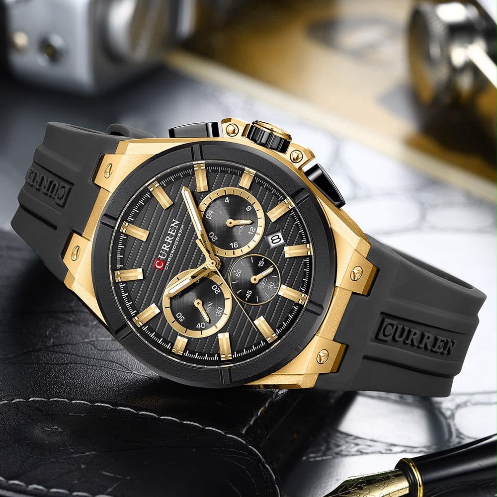 CURREN Luxury Men’s Chronograph Watch – Rose Gold & Grey Silicone Sport Wristwatch