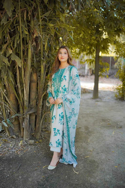 Aneelas Lawn Embroidered & Printed 3 Piece Dress