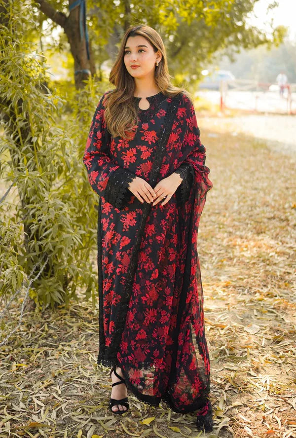 Aneelas Lawn Embroidered & Printed 3 Piece Dress