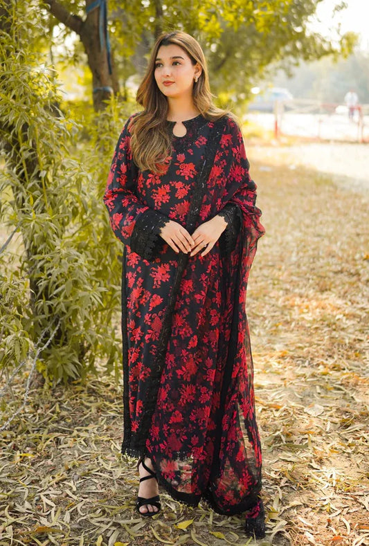 Aneelas Lawn Embroidered & Printed 3 Piece Dress