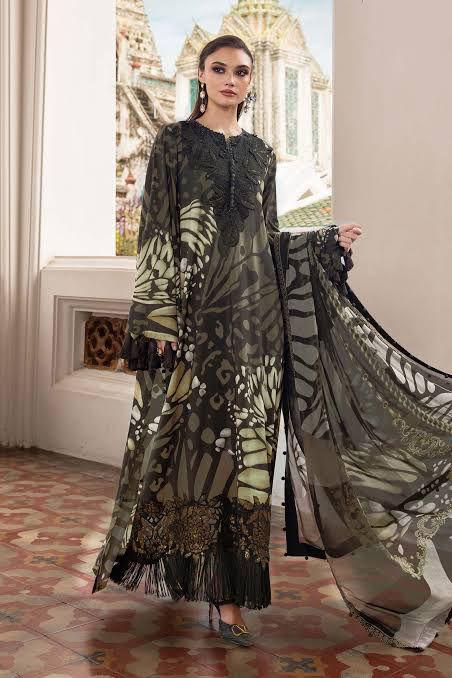 Maria B Golden Cheeta Lawn Suit with Chiffon Embroidered Dupatta