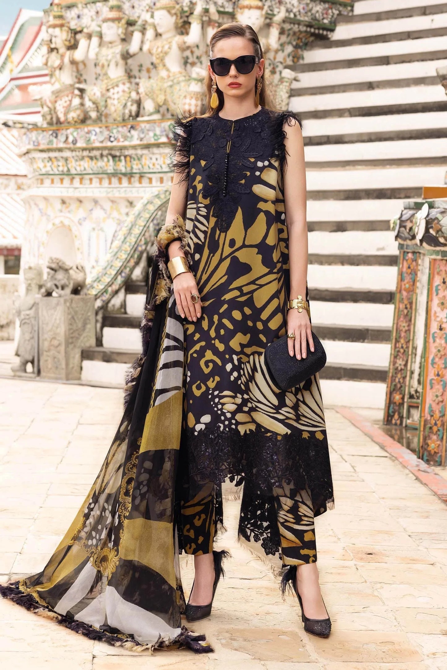 Maria B Golden Cheeta Lawn Suit with Chiffon Embroidered Dupatta