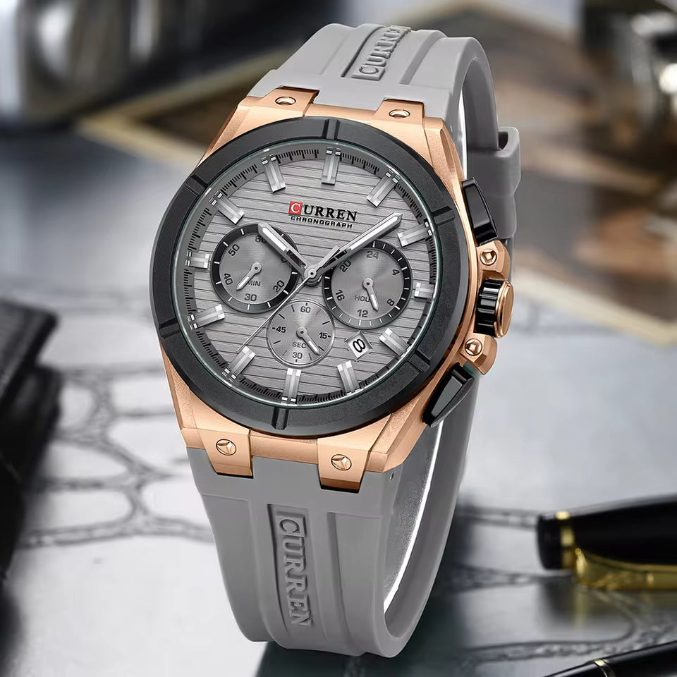 CURREN Luxury Men’s Chronograph Watch – Rose Gold & Grey Silicone Sport Wristwatch