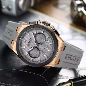 CURREN Luxury Men’s Chronograph Watch – Rose Gold & Grey Silicone Sport Wristwatch
