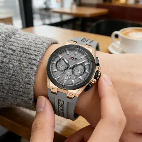 CURREN Luxury Men’s Chronograph Watch – Rose Gold & Grey Silicone Sport Wristwatch