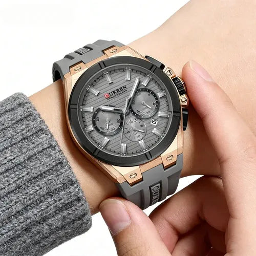 CURREN Luxury Men’s Chronograph Watch – Rose Gold & Grey Silicone Sport Wristwatch