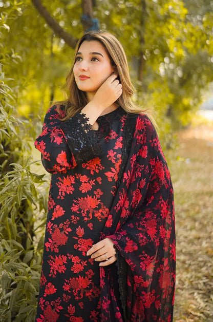 Aneelas Lawn Embroidered & Printed 3 Piece Dress