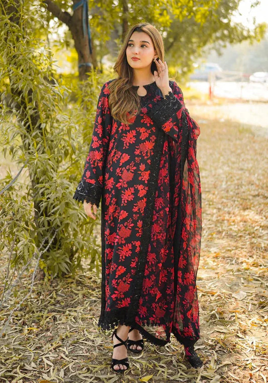 Aneelas Lawn Embroidered & Printed 3 Piece Dress